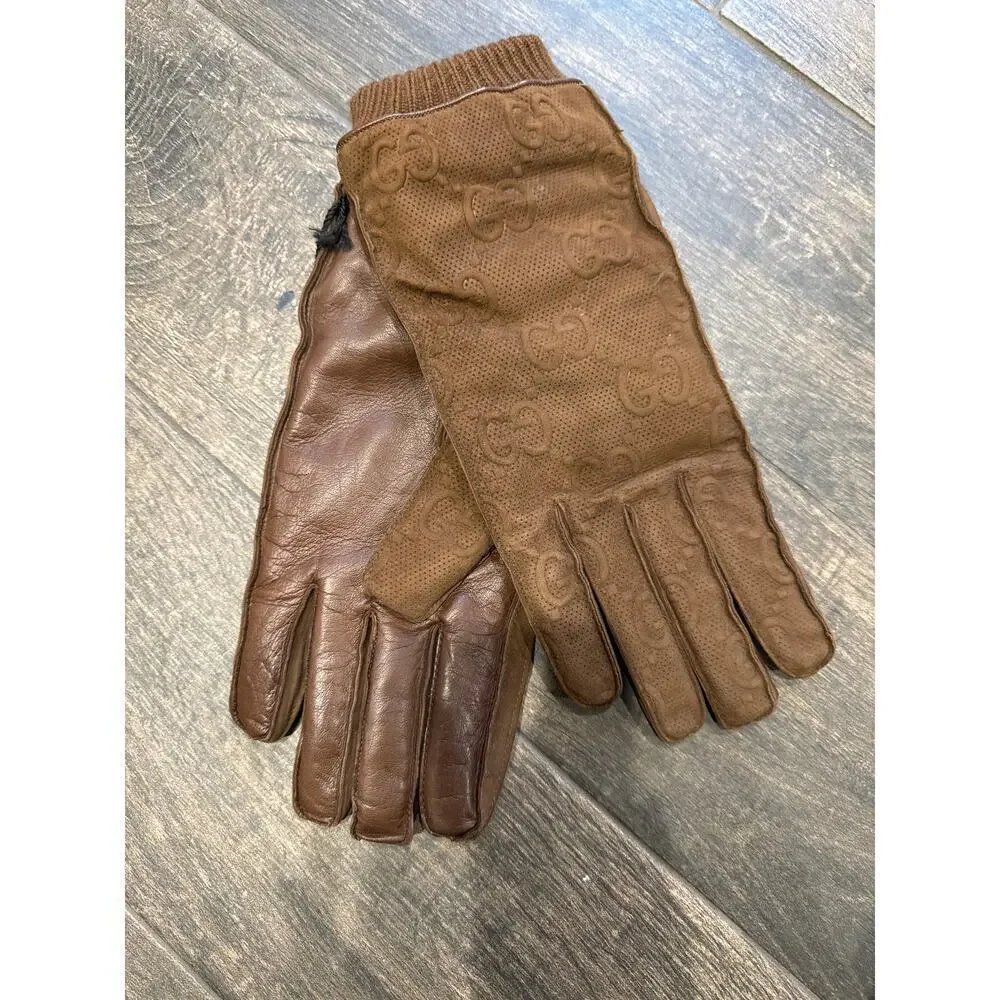 Gucci Men’s large Brown Suede Embossed Monogram GG Gloves NWT